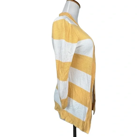 ABSOLUTELY Yellow and White Rugby Stripe 3/4 Sleeve Cardigan Open Sweater - Picture 2 of 8